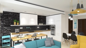 Amenajare apartament in Iasi. Design interior modern, predominanta fiind culoarea alb, cu accente de turcoaz, galben, rosu.