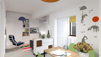 Amenajare interioara apartament in Iasi, culori deschise, mobilier compact cu rol de depozitare dar si pentru a unifica spatiul, design modern, calduros, primitor